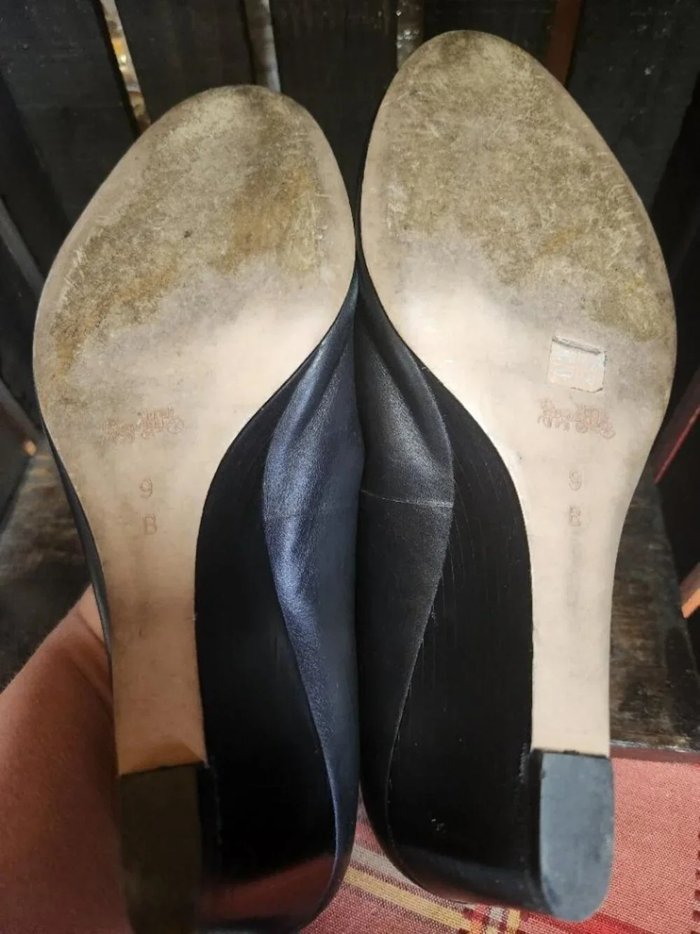 Womens Coach Black Leather Peep Toe Wedge Heels with Gold Badge Sz 9B MSRP $298